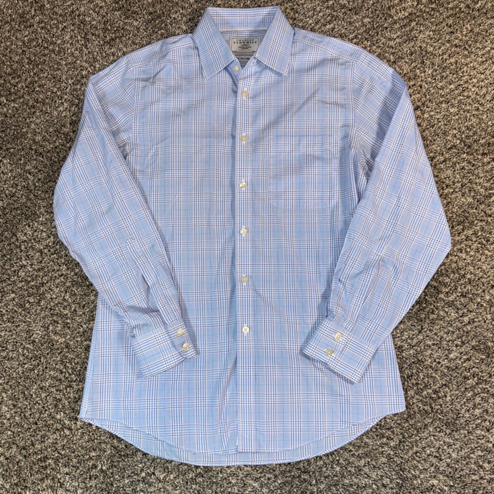 Charles Tyrwhitt Mens 15.5/33 39/84cm Blue Plaid Non-Iron Slim Fit Dress Shirt